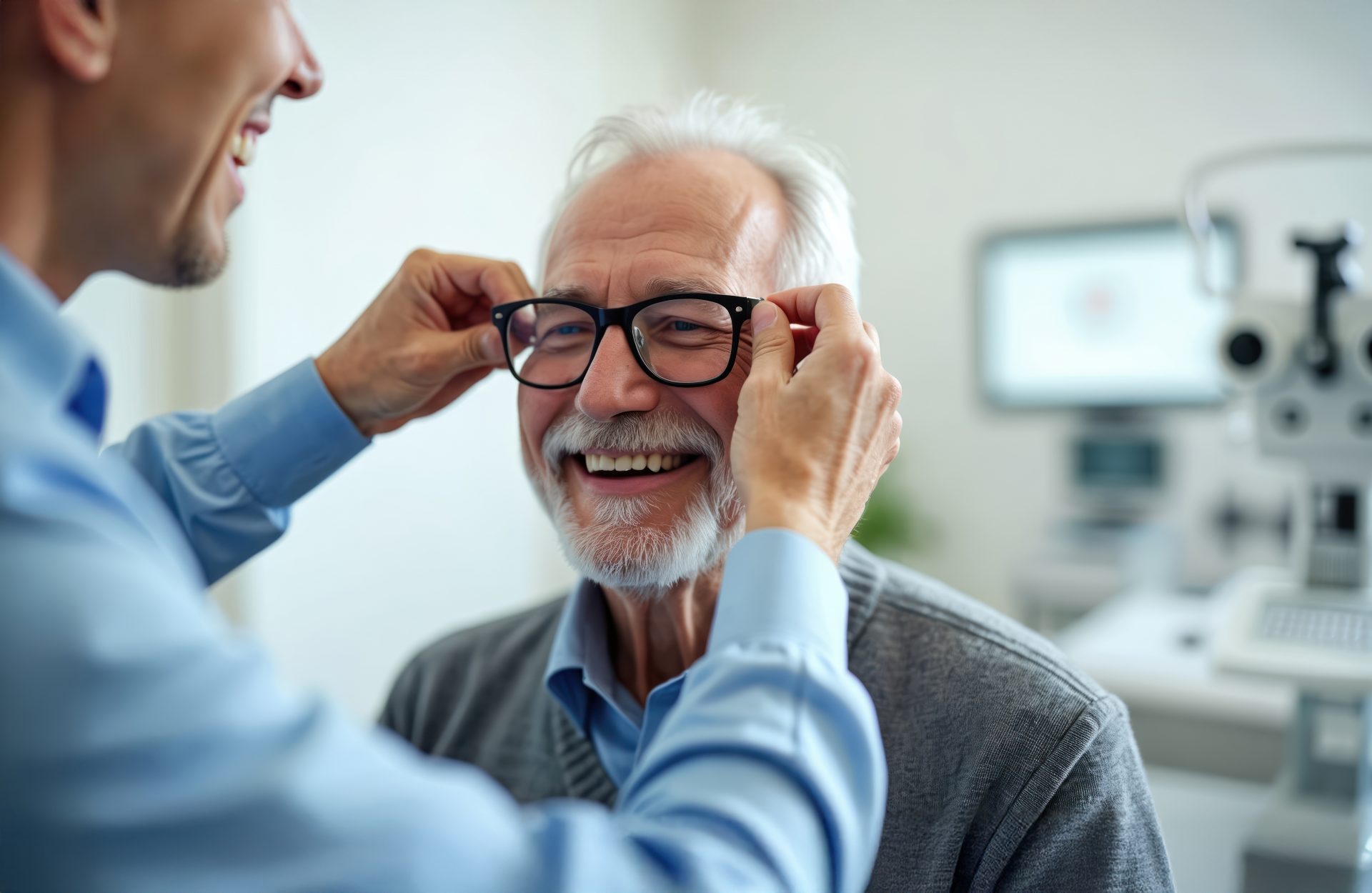 Optometrist fitting glasses on a happy elderly man. Doctor helping senior patient with new eyeglasses in clinic. Eye exam at optical store, healthcare pro, eyecare checkup.
